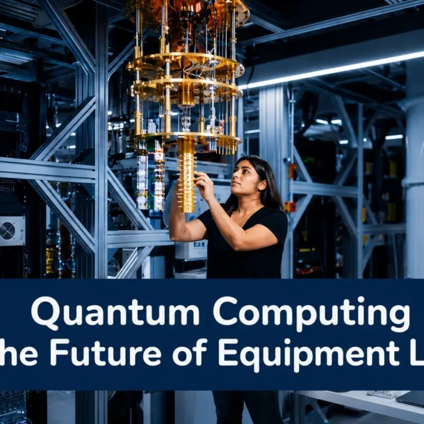 Software engineer working on quantum computing technology with holographic qubits and data visualization for the future of equipment leasing and finance.
