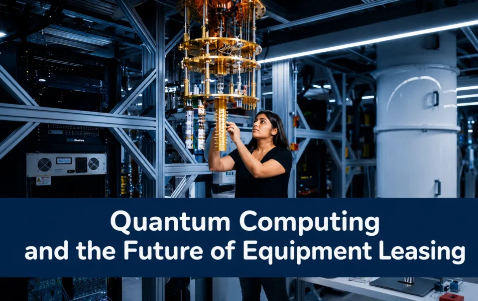 Software engineer working on quantum computing technology with holographic qubits and data visualization for the future of equipment leasing and finance.